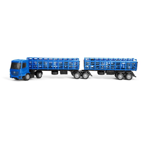 Um caminhão de brinquedo rosa com uma caixa de madeira
